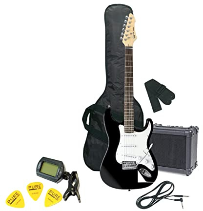 GEWA Chitarra Elettrica, Guitar Pack RC-100 Set nero, Corpo in legno di tiglio massiccio, Manico in acero, Tastiera in legno di pakka, borsa da concerto e accessori per un inizio perfetto!