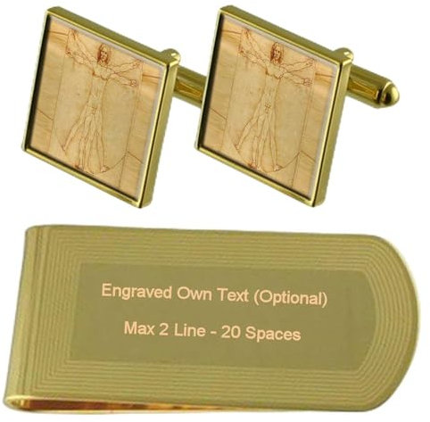 Select Gifts Vitruvianische Mensch Gold-Manschettenknöpfe Geldscheinklammer Gravur Geschenkset