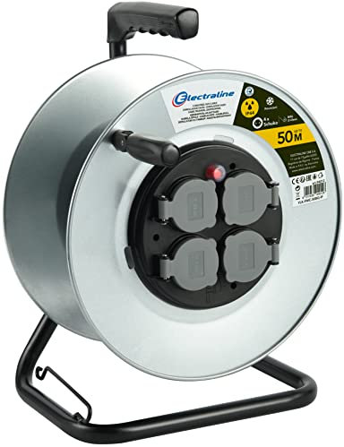 Electraline 94012 Bobina professionale in metallo 4 prese IP44 Senza passaggio cavi e impugnatura ergonomica, adatta per guanti da lavoro