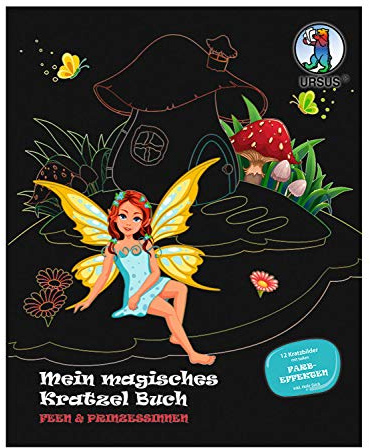 Ursus 24530001F – Min magiska skrapbok älvor & prinsessor, klösbilder, ca 21 x 26 cm stor, med fantastiska färgeffekter och 12 mandalas att måla, inklusive träpinne, färgglada