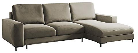 Selsey Mokpeo - Ecksofa mit Schlaffunktion, Bettkasten und schwarzen Füßen, 244 cm breit (Veloursbezug Beige, Ottomane rechts)
