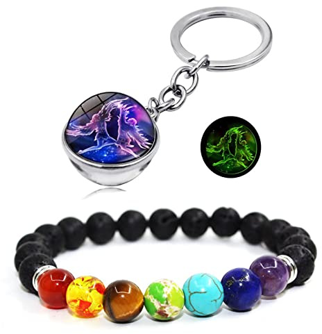 HEYU Luminous 12 Constellation Schlüsselanhänger Doppelseitige Kristallkugel Schlüsselanhänger Anhänger, Sieben Chakra Naturstein Perlen Paar Armband Charm Geschenke für Frauen (2 Stück) (Zwillinge)