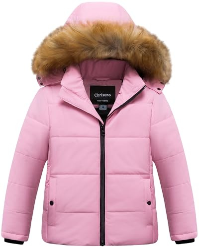Chrisuno Girl's Waterproof Ski Jacket Warm Fleece Lined Jacket Hooded Winter Snow Coat With Fur Hood Pink 10-12