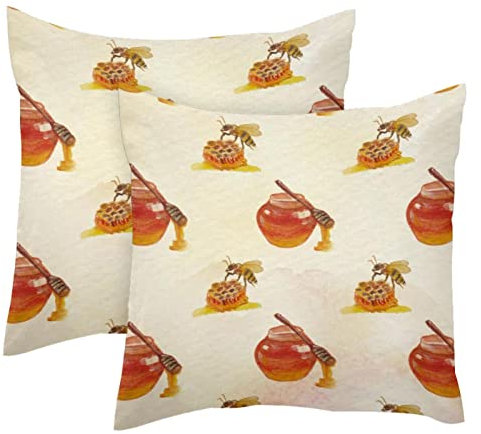 WALLDOR Honey Jar and Bees Cushion Covers, 2 Pack Square Throw Pillow Covers Decorative Soft Velvet Pillowcase for Couch Sofa Bed Car Living Room, 45x45cm