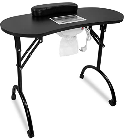 HENGMEI Table à Ongles avec Aspiration, Table de Manucure mobile Encastrable Aspiration de Poussière Table de Manucure Pliable avec Roulettes et Coussin pour Poignet, Noir