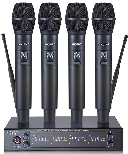 SIKUING Sistema de micrófono inalámbrico UHF de 4 canales con micrófonos de mano inalámbricos, frecuencias ajustables de 4 x 50, ideal para karaoke, reuniones, iglesia, rango de 300 pies (4 de mano)