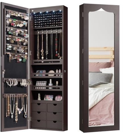 HOMASIS 2-in-1 Armadietto Portagioie da Appendere con Luci a LED, Specchio Portagioie Elegante in Legno, Portagioielli da Parete e da Porta con 6 Cassetti, 36,5 x 11,5 x 120 cm (Marrone)