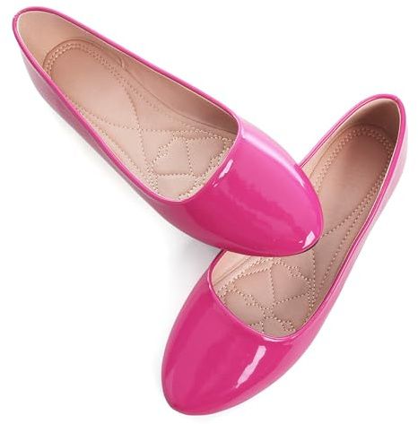 SAILING LU Ballet Flats Hot Pink Shoes for Women Dressy Comfortable Round Toe Slip On Patent Leather Ladies Flat Work Dress Shoes Rose Size 8