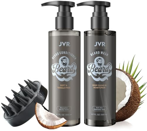 Bartshampoo & Conditioner Set, JVR Bart Care Set für die Tägliche Bartpflege, Erweicht, Glättet & Stärkt den Bartwuchs, Reinigung & Befeuchten, mit Massagebürste, Geschenke für Männer, 2 x 200ml
