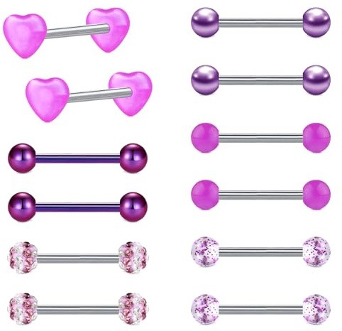 LAURITAMI 12pcs 14G Piercing Linguetta in Acciaio Chirurgico Barbell Diritto Barrette per Capezzoli Gioielli per Piercing al Corpo Cristallo