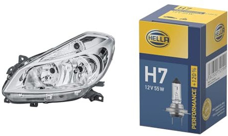 Hella Halogen-Hauptscheinwerfer - für u.a. Renault Clio III (BR0/1, CR0/1) - für Rechtsverkehr - links & Halogen-Glühlampe - H7 - Performance + 120%
