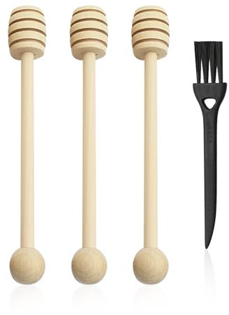 HDGSAFD 3 bastoncini di miele, 1 spazzola per la pulizia, cucchiaio per miele in legno, mescolare il miele, bacchette rotonde, agitatore con manico lungo per dosare il miele