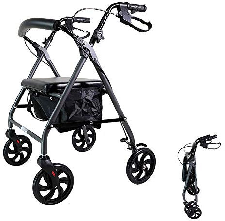 CAFIEDR Schwarzer, zusammenklappbarer, Leichter Rollator mit breitem Sitz, Bremsen und großen Rädern, aufrechter Rollator für ältere und behinderte Menschen für jedes G