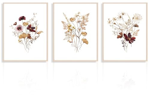 Dazzlewall 3PCS Boho Flower Wall Art Decor Rustic Wildflower Prints, Watercolor Botanical Wall Art Poster for Bedroom Living Room 12x16 in Unframed