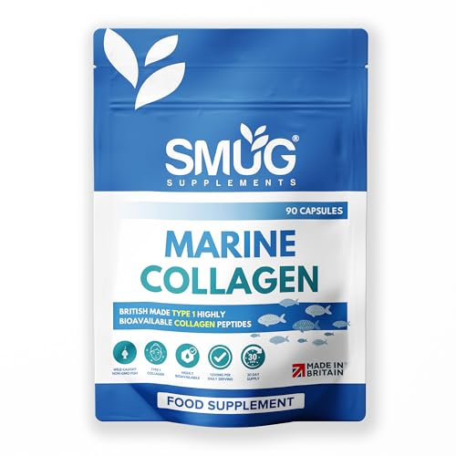 Marine Collagen British Made by SMUG Supplements - 90 Capsules - Type 1 Peptides - 1200mg Daily Serving of Collagen Powder in Three-a-Day Capsules - 30 Day Supply - Suitable for Both Men and Women