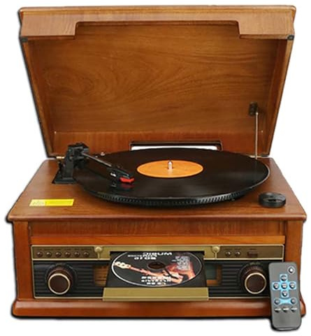 Giradischi retrò vintage in legno, giradischi in vinile Bluetooth con radio digitale USB, telecomando giradischi vintage, vinile a 3 velocità con lettore CD, radio FM, ingresso AUX e uscita linea