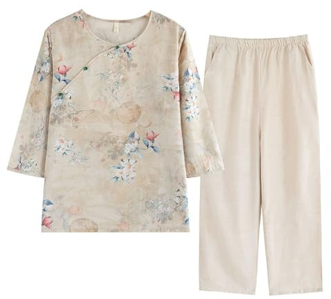 Mittlere Ältere Frauen Sommer Bedruckte Outfits 2-teilige Oberteile Hosen Lounge-Sets Hemden Pyjamas 3/4-Ärmel Nachtwäsche Urlaubsnachtwäsche(Beige,L)