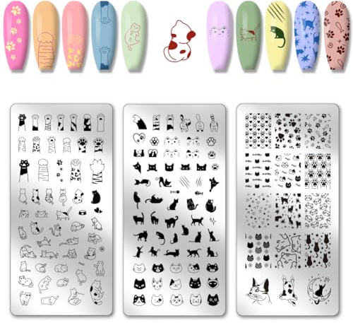 PH PandaHall 3 Stück Niedliche Katze Nagelstempelplatten Katzen Krallen Nagelkunst Schablonen Paw Pattern Nails Image Plates Fischgräten Maniküre Kunst Schablonen für Frauen Maniküre