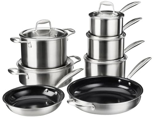 Cooks Professional 7 Piece Tri-Ply Cookware Set | 3 x Saucepans, 2 x Frying Pans, Saute Pan & Stockpot | Compatible with All Hobs Inc Induction & Oven Safe