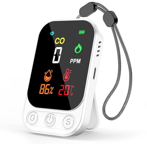 RealPlus Détecteur de Monoxyde de Carbone 3-en-1 - Détecteur CO, Température et Humidité avec Alarme de 80 DB, Rechargeable, Portable, Support et Trou de Fixation pour Maison, Voyage et Bureau