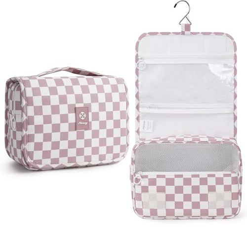 Narwey Kulturbeutel zum Aufhängen Damen Kulturtasche zum Aufhängen, Waschtasche Toiletry Bag Kosmetiktasche Schminktasche für Damen Herren (Altrosa Kariert)