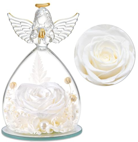YiHuaHua Ewige Rosen-Engel Figur mit Glasglocke, Geschenk Valentinstag für Frauen, Mama, Freundin, Echte haltbare Rose Hält 3-5 Jahre, Geschenk für Weihnachten Valentinstag Geburtstag (Weiß)