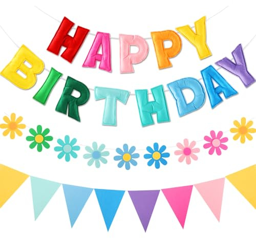 YEOCU Felt Birthday Decorations, NO DIY, Pre-Strung 3D Felt Happy Birthday Banner with Fabric Flower Garland, Colorful Triangle Flags, Birthday Party Decorations for Women Men Boys Girls (Rainbow)