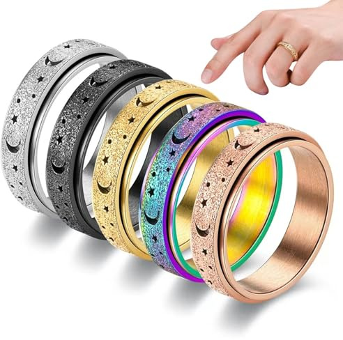 ZXTGBQ 5 Stück Spinner Ringe set, Stressabbau und Anti-Angst-Ringe für Männer Frauen, Mond Stern Rollring Drehbarer Sand Blast Finish, Modeaccessoires, Durchmesser 19,9 MM