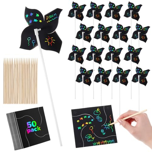 Motipuns Lot de 50 moulins à vent à gratter pour enfants en papier à gratter arc-en-ciel en vrac été printemps artisanat moulin à vent pour le 4 juillet activité arts fête d'anniversaire fournitures