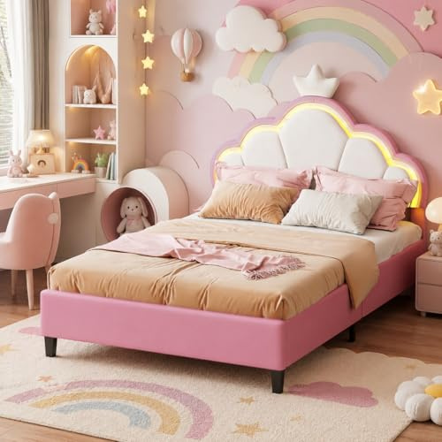 OLIVIBED 3FT Upholstered Bed, Modern Girls Bed with Adjustable Crown Shape Headboard, Single Bed Frame for Children, Sturdy Metal & Wood Slats, Flannel, Pink and White, 90x190cm, No Mattress
