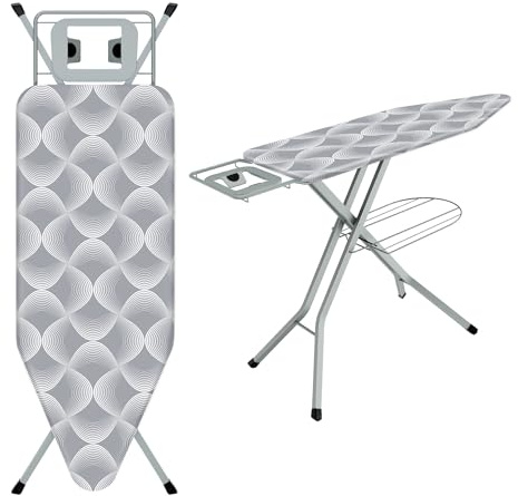 TEENO Table à Repasser Pliable 120 x 45 cm,pour Centrale Vapeur,Verrouillage Sécurisé,7 Réglages De Hauteur, Housse en Coton 100%,Support De Fer Intégré,Universel pour La Maison(Gris ondulé)