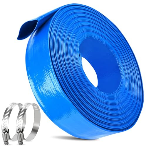 Tubo per Controlavaggio per Piscina, 5CM x 10 M Tubo Flessibile di Scarico Piatto, Tubo di Scarico per Controlavaggio con 2 Clip, Tubo Piatto in Tessuto PVC per Pompe Sommerse e Pompe dell'Acqua