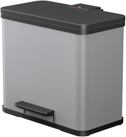 Hailo Öko duo Plus L Tret-Mülltrenner - freistehender 17+9 Liter Doppelmülleimer aus Stahlblech - Mülltrennsystem mit soft close Deckel - 2-fach Abfalltrenner für die Küche - Silber