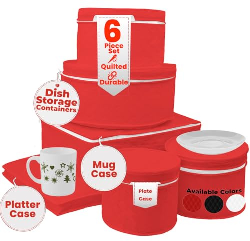LAMINET 6 Piece Quilted Dinnerware Storage Starter Set - Includes 4 Plate Cases, 1 Cup Case & Platter Case - RED