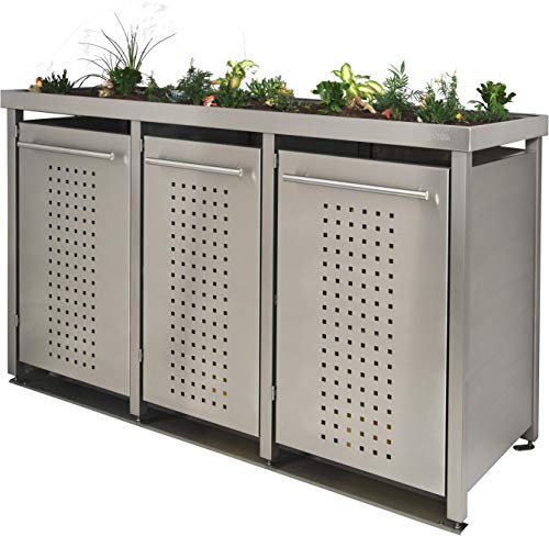 Mülltonnenbox aus Edelstahl mit Edelstahlpfosten, aufgebaut (2X 240l + 1x 120l, F-Design, Pflanzenwanne, Edelstahl)