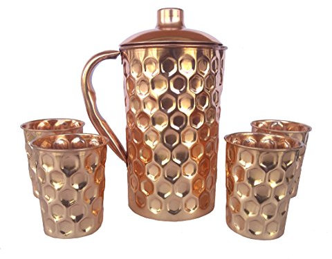 Rastogi Handicrafts Pure Copper Water 1500 ml Jug Capaciy Set Pitcher 300 ml Glass Diomond Cut Shape Drink Ware Set Storing Drinking Water Ayurveda (1 JUG 4 Glass)
