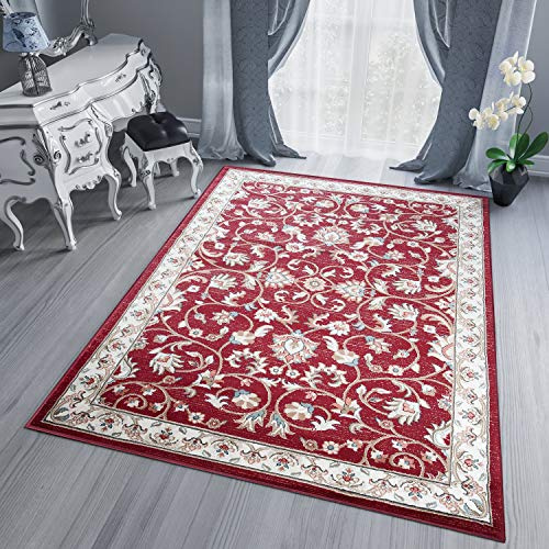 TAPISO Dubai Teppich Kurzflor Rot Creme Floral Ornament Klassisch Orientalisch Bordüre Design Wohnzimmer Schlafzimmer ÖKO-TEX 140 x 200 cm