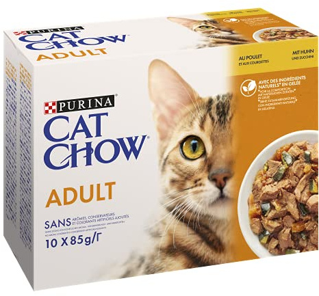Cat Chow – Adult – Pollo at aux Calabacines – Bolsas de Comida para Gatos – 10 x 85 g – Juego de 4