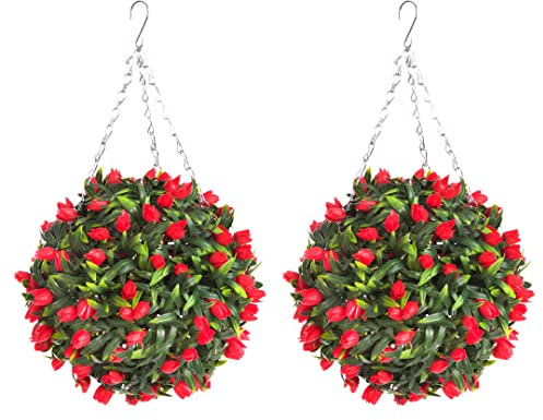 Pair of Best Artificial TULIP Flower Balls Lush Long Leaf Topiary Grass (28cm, Red)