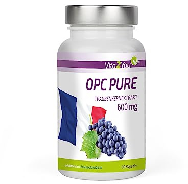 Vita2You OPC Pure Traubenkernextrakt 600mg pro Kapsel - Traubenkerne aus Frankreich - Laborgeprüft - 60% OPC-Anteil - 90 Kapseln - Hochdosiert - Premium Qualität