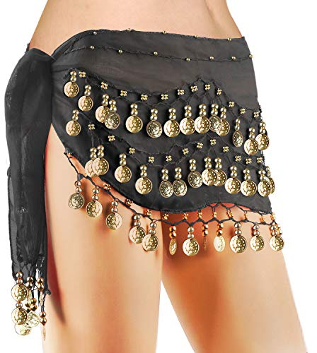 COSICS Belly Dance Hip Scarf, Women's Black Chiffon Belly Dancing Scarf with 128 Gold Coins for Yoga Class