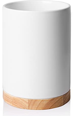 Sweejar Kitchen Utensil Holder with Wooden Bottom, 6.7 Ceramic Utensil Crock to Hold Spatulas for Cooking Countertop, Housewarming, Wedding, Birthday Gift (White)