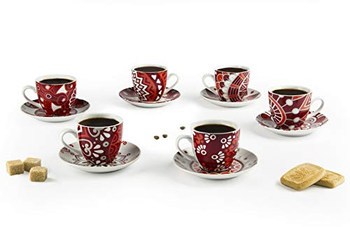 Excelsa Mandala Red Set 6 Tazas de café con platillo, Porcelana