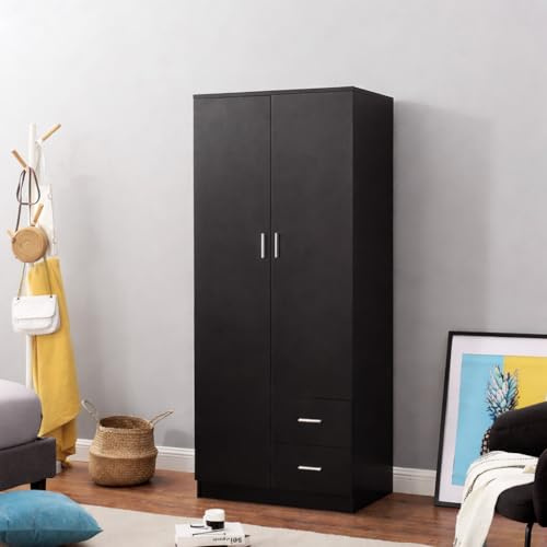 Panana Wooden 2 Door 2 Drawer Wardrobe with Shelf and Hanging Rail Modern Clothes Storage Cupboards Unit for Bedroom Furniture W 77 * D 50 * H 180cm (Black)