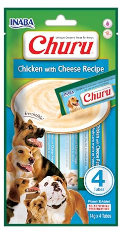 INABA Churu Hundeleckerli Keine Nebenerzeugnisse Creamy Snack, Getreidefrei, Zuckerfrei, Kalorienarm, 100% natürliches Fleisch mit Huhn & Käse 56 g (1er Pack)