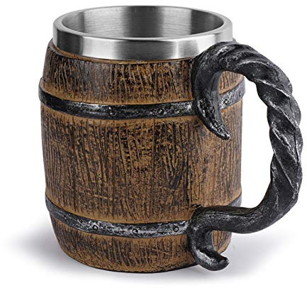 Vecksoy 450 ml Holznachbildung Fass Edelstahl Bierkrug Doppelwandiger Krug Trinkbehälter mit Griff Pirat Wikinger Tasse Fantasy Mittelalter Taverne Holz Krug für Bar Restaurant Heimdekoration