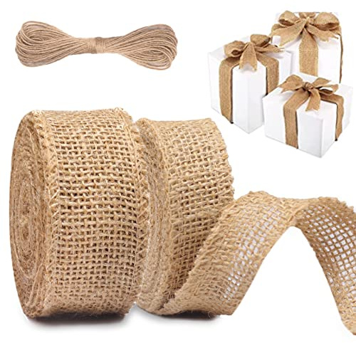 Hessian Ribbon, 10M Natural Ribbon, Burlap Fabric Ribbons Rolls, Twine Ribbons with String, Vintage Jute for Crafting Gift Wrapping Wedding (2.5/4cm Width)