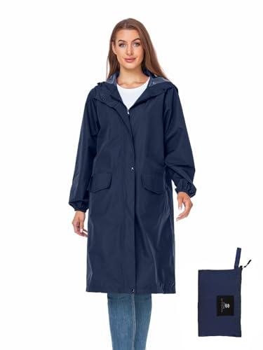 Womens Long Hooded Rain Jacket Waterproof Lightweight Raincoat Windbreaker Navy Large