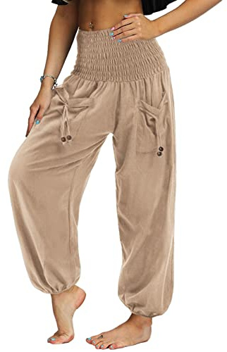 Nuofengkudu Women's Pleated Hight Waist Trousers with Pockets Loose Retro Plain Lightweight Hippie Bloomers Harem Yoga Pants Comfy Leisure Lounge Wear Summer Holiday Streetwear Apricot L