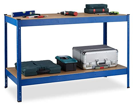 Relaxdays Banco da Lavoro Officina, Tavolo da Garage, 2 Scaffali, Altezza Regolabile, Acciaio e MDF, 90,5x141x61 cm, Blu